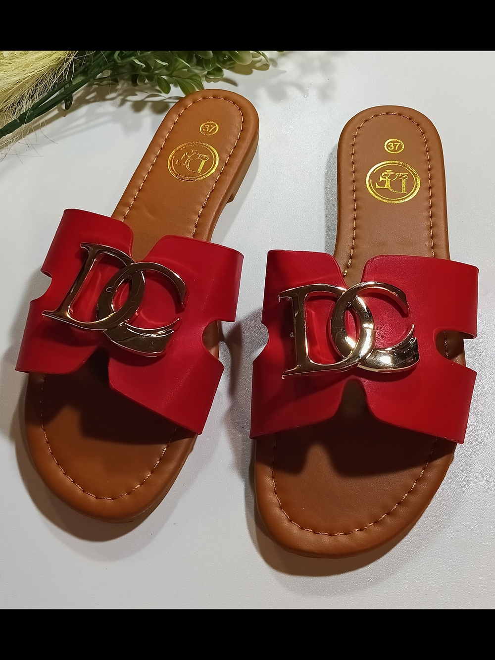 Red Slide Sandals with Gold Double Ring Accent - Women's Size US 6.5 (7 ) EU 37